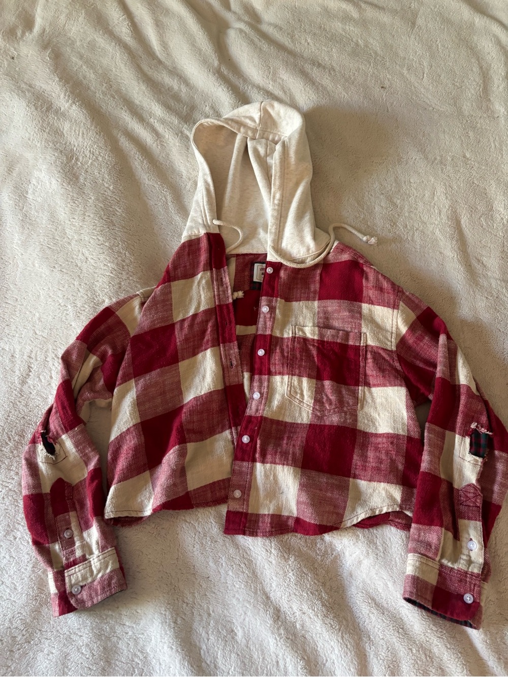 Red and Cream Plaid Hooded Button-Up Shirt